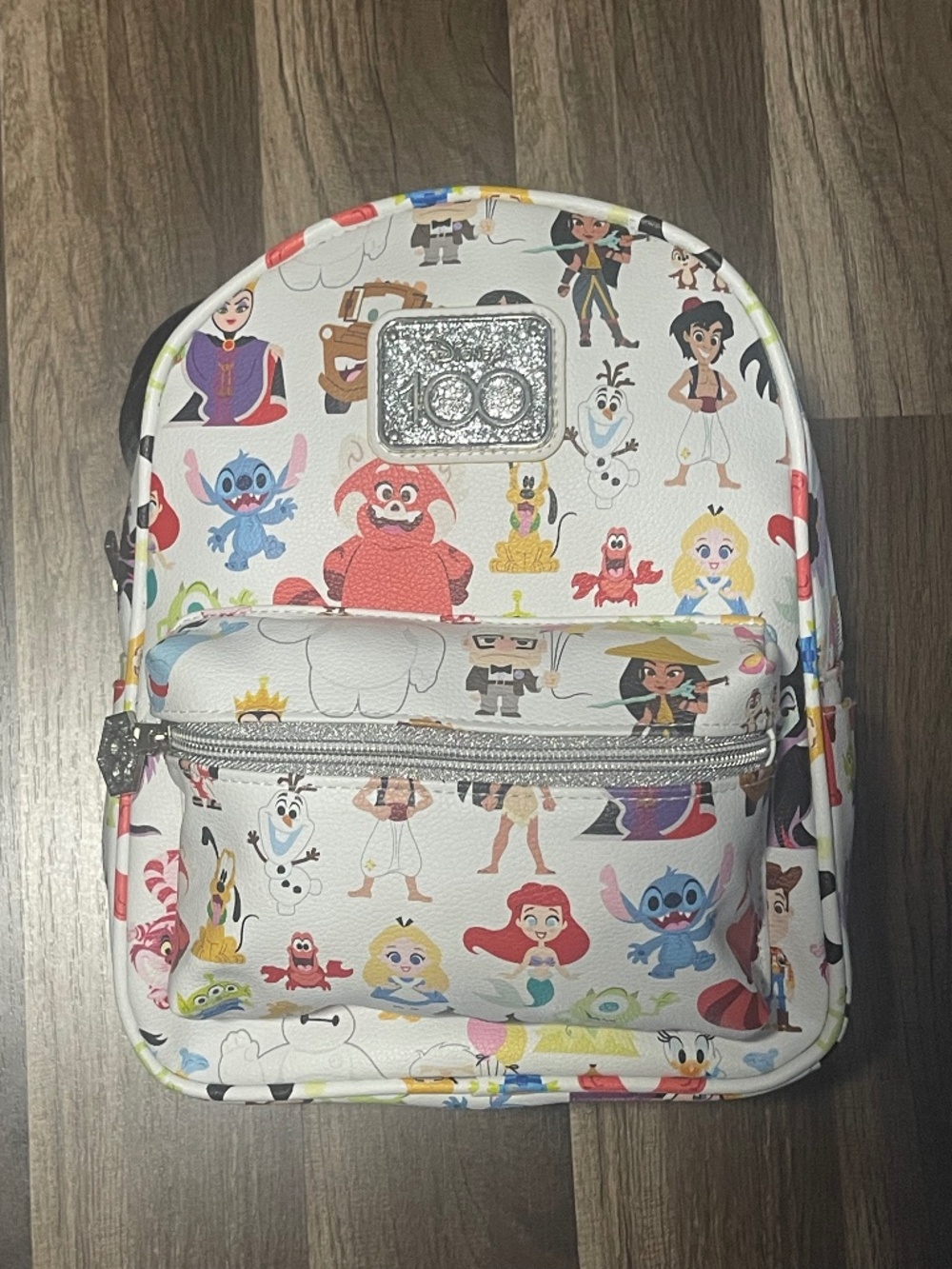 Disney 100 Silver Glitter Character Mini Backpack Loungfly with Mystery Plush